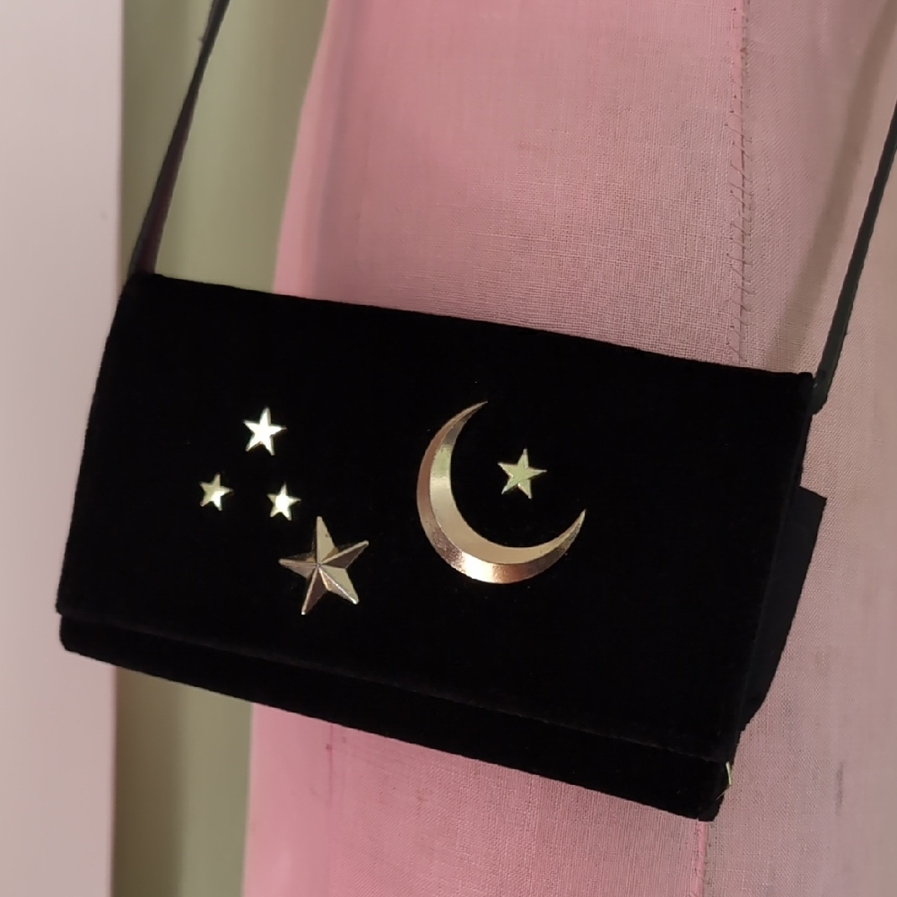 Sam Edelman Black Velvet Convertible Clutch Bag with Gold Star And Moon Accents